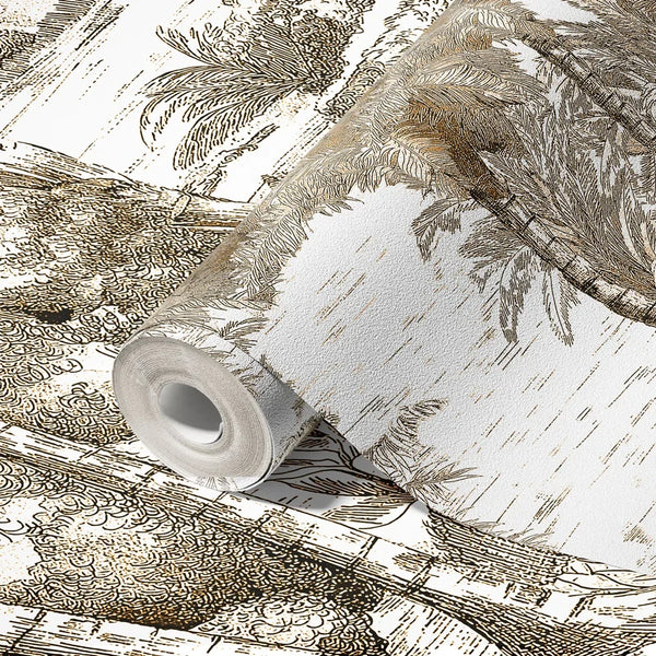 Palm Trees Drawing Wallpaper, Yellow White Large Hand Drawn Wall Mural, Custom Size Wall Covering, Non-Woven, Non-Pasted, Washable, Removable - Walloro High End Wallcoverings & More