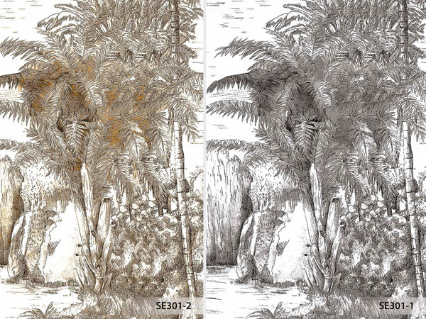 Palm Trees Drawing Wallpaper, Yellow White Large Hand Drawn Wall Mural, Custom Size Wall Covering, Non-Woven, Non-Pasted, Washable, Removable - Walloro High End Wallcoverings & More