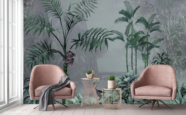 Palm Trees Nature Scene Tropical Wall Mural, Gray Custom Size Wallpaper, Non-Woven, Non-Pasted, Washable, Oversized Large Wall Art, Removable - Walloro High End Wallcoverings & More