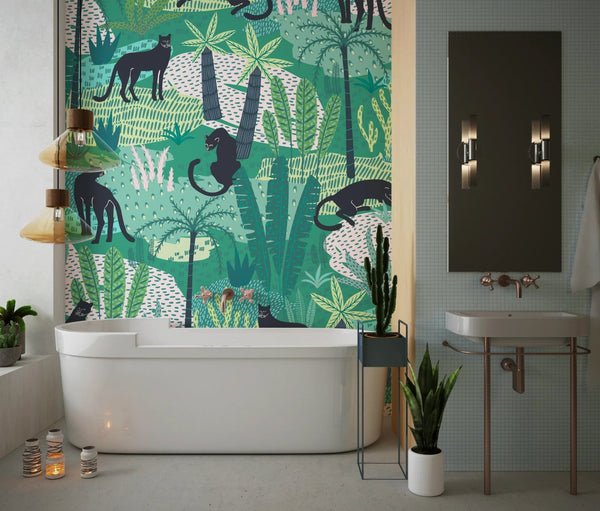 Panthers and Tropical Leaves Wallpaper, Seamless Pattern Mural, Oversized Custom Size Wall Art, Non - Woven, Non - Adhesive, Modern Wall Paper, Removable - Adawall Wallpaper - Registered Trade Accounts Only, Wallpaper Wholesale Account - W78042 - Adawall Wholesale - Wallpaper Wholesaler