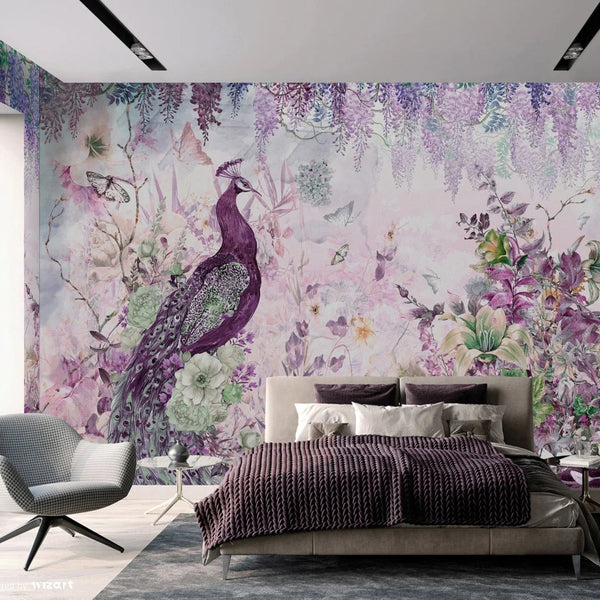 Peacock Forest Wall Mural, Purple Scenic Non - Woven Nature Theme Large Wall Poster, Non - Adhesive Modern Jungle Wall Art - Adawall Wallpaper - Registered Trade Accounts Only, Wallpaper Wholesale Account - A300-1 - Adawall Wholesale - Wallpaper Wholesaler