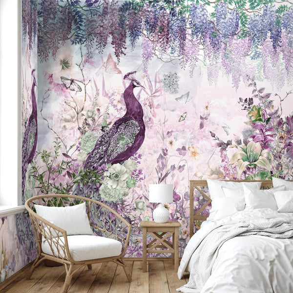 Peacock Forest Wall Mural, Purple Scenic Non - Woven Nature Theme Large Wall Poster, Non - Adhesive Modern Jungle Wall Art - Adawall Wallpaper - Registered Trade Accounts Only, Wallpaper Wholesale Account - A300-1 - Adawall Wholesale - Wallpaper Wholesaler