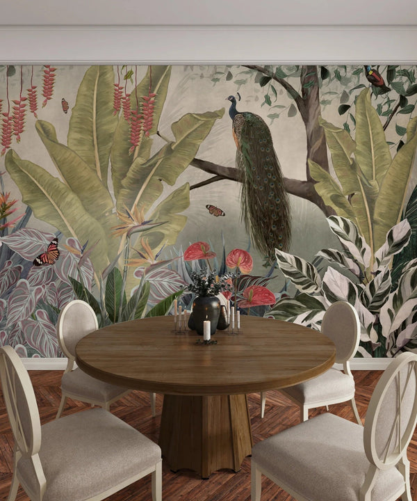 Peacock Wallpaper, Tropical Leaves Wall Mural, Oversized Custom Size Wall Art, Non - Woven, Non - Adhesive, Modern Wall Paper, Removable - Adawall Wallpaper - Registered Trade Accounts Only, Wallpaper Wholesale Account - W77483 - Adawall Wholesale - Wallpaper Wholesaler