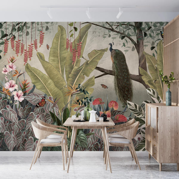 Peacock Wallpaper, Tropical Leaves Wall Mural, Oversized Custom Size Wall Art, Non - Woven, Non - Adhesive, Modern Wall Paper, Removable - Adawall Wallpaper - Registered Trade Accounts Only, Wallpaper Wholesale Account - W77483 - Adawall Wholesale - Wallpaper Wholesaler