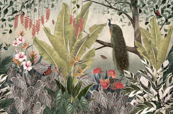 Peacock Wallpaper, Tropical Leaves Wall Mural, Oversized Custom Size Wall Art, Non - Woven, Non - Adhesive, Modern Wall Paper, Removable - Adawall Wallpaper - Registered Trade Accounts Only, Wallpaper Wholesale Account - W77483 - Adawall Wholesale - Wallpaper Wholesaler