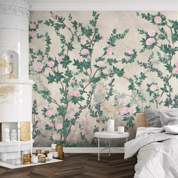 Peony Chinoiserie Blossom Wall Mural, Green Floral Bloom Wallpaper, Oversized Contemporary Custom Size Wall Art, Non - Woven, Non - Pasted, Removable - Adawall Wallpaper - Registered Trade Accounts Only, Wallpaper Wholesale Account - SE313-3 - Adawall Wholesale - Wallpaper Wholesaler