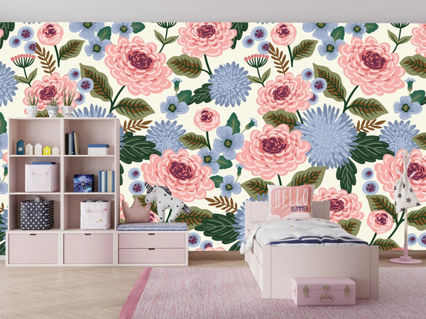 Pink and Blue Floral Wallpaper, Seamless Pattern Mural, Oversized Custom Size Wall Art, Non - Woven, Non - Adhesive, Modern Wall Paper, Removable - Adawall Wallpaper - Registered Trade Accounts Only, Wallpaper Wholesale Account - W78037 - Adawall Wholesale - Wallpaper Wholesaler