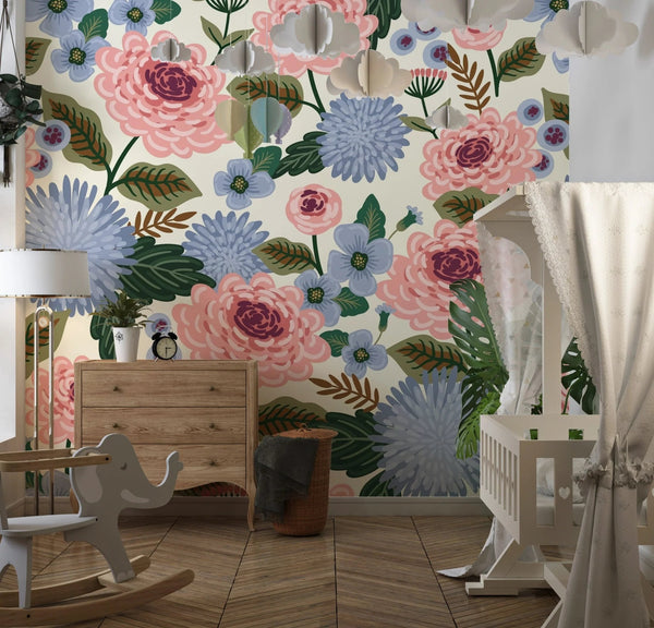 Pink and Blue Floral Wallpaper, Seamless Pattern Mural, Oversized Custom Size Wall Art, Non - Woven, Non - Adhesive, Modern Wall Paper, Removable - Adawall Wallpaper - Registered Trade Accounts Only, Wallpaper Wholesale Account - W78037 - Adawall Wholesale - Wallpaper Wholesaler