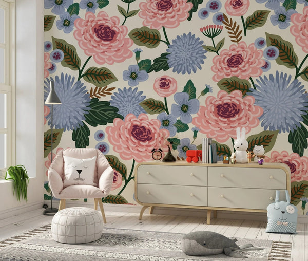 Pink and Blue Floral Wallpaper, Seamless Pattern Mural, Oversized Custom Size Wall Art, Non - Woven, Non - Adhesive, Modern Wall Paper, Removable - Adawall Wallpaper - Registered Trade Accounts Only, Wallpaper Wholesale Account - W78037 - Adawall Wholesale - Wallpaper Wholesaler