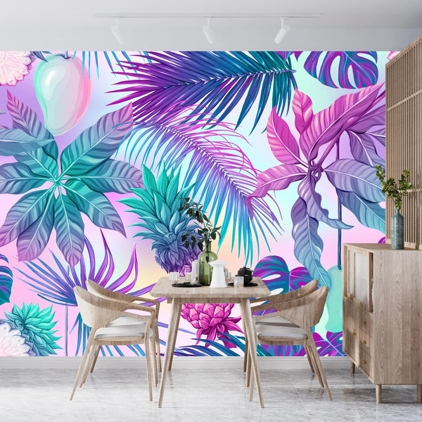 Pink and Blue Tropical Plants Wallpaper, Seamless Pattern Mural, Oversized Custom Size Wall Art, Non - Woven, Non - Adhesive, Modern Wall Paper, Removable - Adawall Wallpaper - Registered Trade Accounts Only, Wallpaper Wholesale Account - W77693 - Adawall Wholesale - Wallpaper Wholesaler