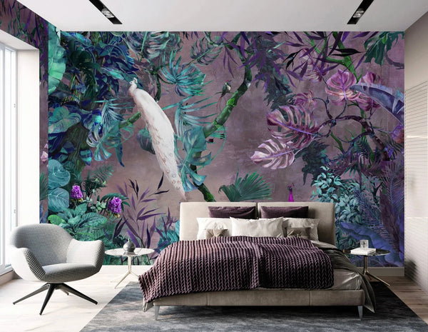 Purple Chinoiserie Peacock Floral Tropical Custom Wallpaper, Birds Wall Mural, Non - woven Non - Adhesive Wall Paper, Luxury, Large, Removable Washable Large Wall Art - Adawall Wallpaper - Registered Trade Accounts Only, Wallpaper Wholesale Account - A301-2 - Adawall Wholesale - Wallpaper Wholesaler