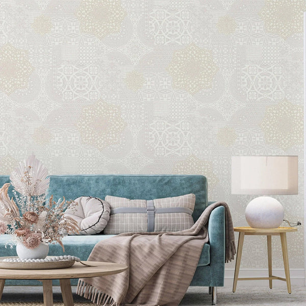 Quilted 3D Embossed Wallpaper, Cream, Flocked Rich Textured Velvet Feel Luxury Wallcovering, Vintage Washed Patchwork Style, Non-Woven - Walloro High End Wallcoverings & More
