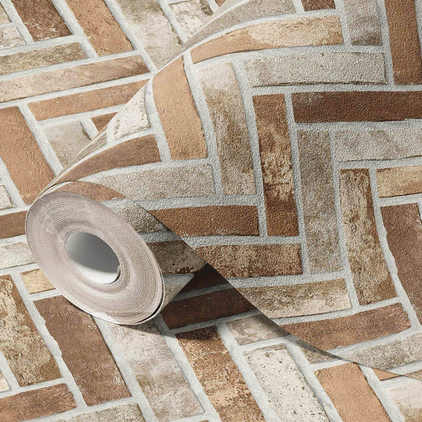 Realistic Embossed Brick Wallpaper, Beige, Orange Chevron Pattern Stone Wall Decor, Home Commercial Use Textured Wallcovering - Adawall Wallpaper - Registered Trade Accounts Only, Wallpaper Wholesale Account - 23105-3 - Adawall Wholesale - Wallpaper Wholesaler
