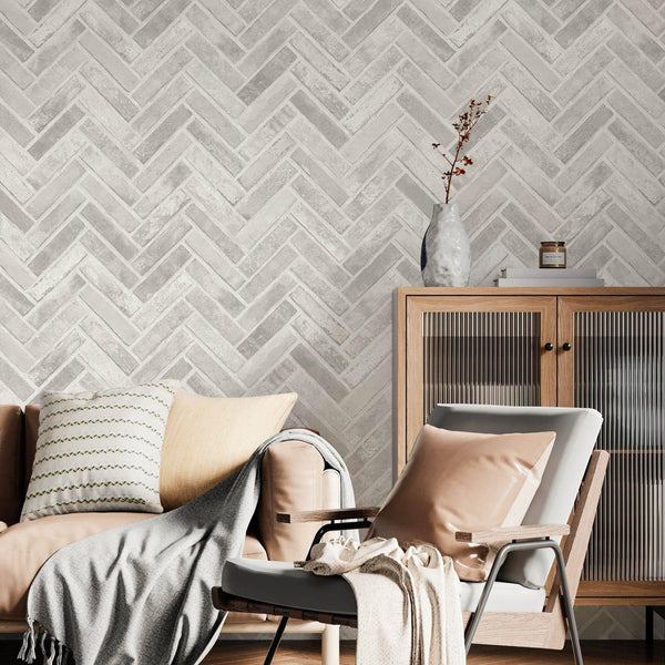 Realistic Embossed Brick Wallpaper, White, Ivory Chevron Pattern Stone Wall Decor, Home Commercial Use Textured Wallcovering - Walloro High End Wallcoverings & More