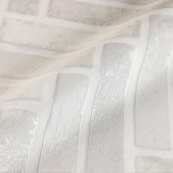 Realistic Embossed Brick Wallpaper, White, Ivory Chevron Pattern Stone Wall Decor, Home Commercial Use Textured Wallcovering - Walloro High End Wallcoverings & More