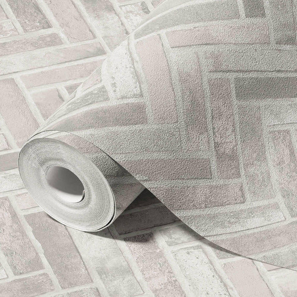 Realistic Embossed Brick Wallpaper, White, Ivory Chevron Pattern Stone Wall Decor, Home Commercial Use Textured Wallcovering - Walloro High End Wallcoverings & More