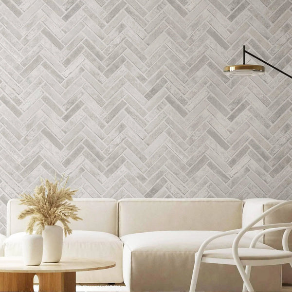 Realistic Embossed Brick Wallpaper, White, Ivory Chevron Pattern Stone Wall Decor, Home Commercial Use Textured Wallcovering - Walloro High End Wallcoverings & More