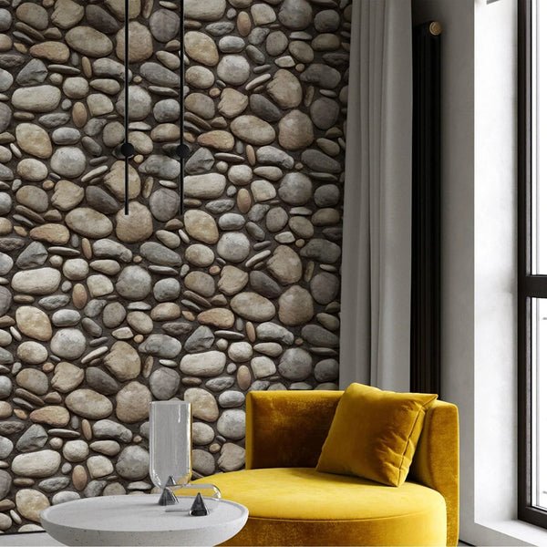 Realistic Embossed Oval Stone Wallpaper, Gray, Tan Farmhouse, Lodge Home Interior Design Wallcovering - Adawall Wallpaper - Registered Trade Accounts Only, Wallpaper Wholesale Account - 23113-3 - Adawall Wholesale - Wallpaper Wholesaler