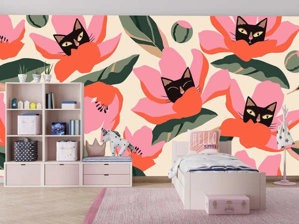 Red and Pink Floral, Kittens Wallpaper, Seamless Pattern Mural, Oversized Custom Size Wall Art, Non - Woven, Non - Adhesive, Modern Wall Paper, Removable - Adawall Wallpaper - Registered Trade Accounts Only, Wallpaper Wholesale Account - W77873 - Adawall Wholesale - Wallpaper Wholesaler