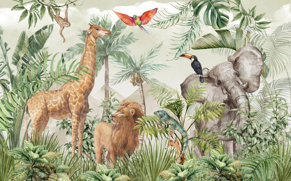 Safari Wildlife Wallpaper, Tropical Animals Mural, Oversized Custom Size Wall Art, Non - Woven, Non - Adhesive, Modern Wall Paper, Removable - Adawall Wallpaper - Registered Trade Accounts Only, Wallpaper Wholesale Account - W77778 - Adawall Wholesale - Wallpaper Wholesaler