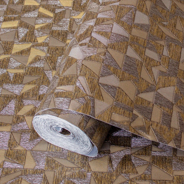 Shimmering Geometric Shapes Wallpaper, Dark Brown, Gold Deep Embossed Asymmetrical Design Wallcovering - Walloro High End Wallcoverings & More