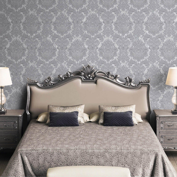 Silver Rich Baroque Damask Wallpaper Deep Embossed Shimmering Vintage Design - Adawall Wallpaper - Registered Trade Accounts Only, Wallpaper Wholesale Account - 7807-2 - Adawall Wholesale - Wallpaper Wholesaler
