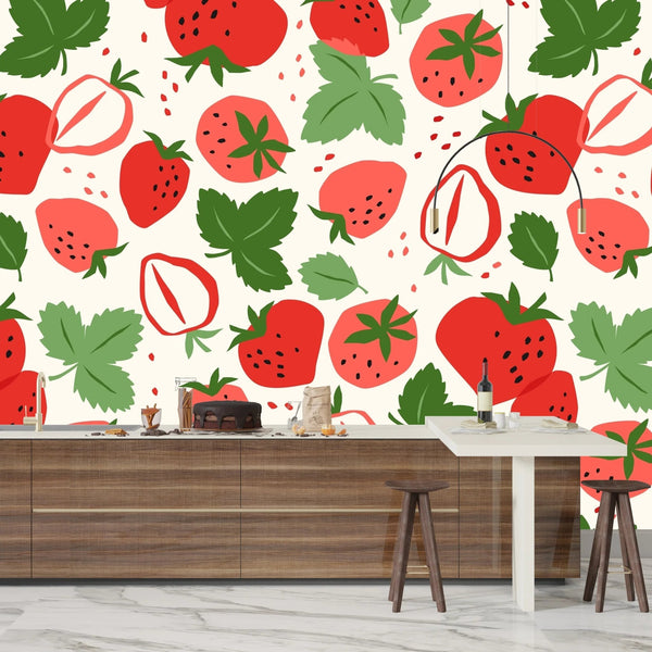 Strawberries, White Background Wallpaper, Seamless Pattern Mural, Oversized Custom Size Wall Art, Non - Woven, Non - Adhesive, Modern Wall Paper, Removable - Adawall Wallpaper - Registered Trade Accounts Only, Wallpaper Wholesale Account - W78044 - Adawall Wholesale - Wallpaper Wholesaler