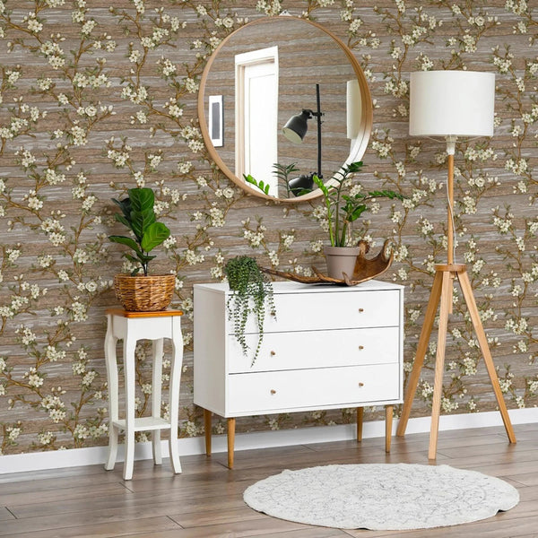 Stylish Floral Wallpaper, Brown, White Embossed Flocked Botanical Blossom Pattern, Bloom Design, Trendy Wall Accent Decoration - Adawall Wallpaper - Registered Trade Accounts Only, Wallpaper Wholesale Account - 1505-4 - Adawall Wholesale - Wallpaper Wholesaler