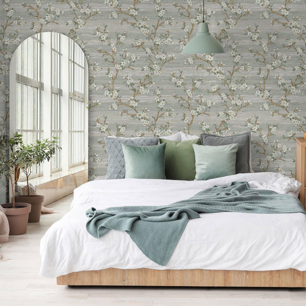 Stylish Floral Wallpaper, Green, White Embossed Flocked Botanical Blossom Pattern, Bloom Design, Trendy Wall Accent Decoration - Walloro High End Wallcoverings & More