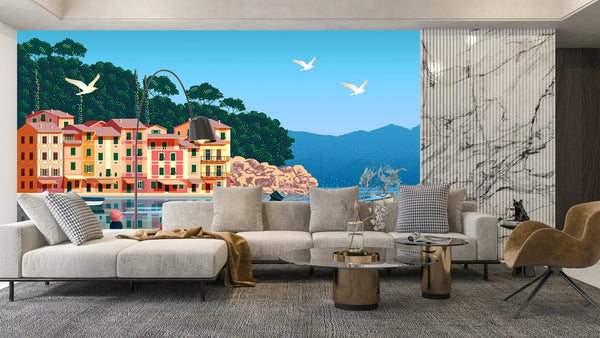 Summer day in Village Wallpaper, Boats, Sea Mural, Oversized Custom Size Wall Art, Non - Woven, Non - Adhesive, Modern Wall Paper, Removable - Adawall Wallpaper - Registered Trade Accounts Only, Wallpaper Wholesale Account - W77769 - Adawall Wholesale - Wallpaper Wholesaler
