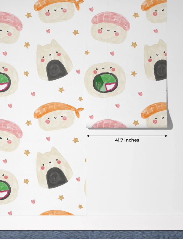 Sushi Kawaii Watercolor Food Wallpaper, Seamless Pattern Mural, Oversized Custom Size Wall Art, Non - Woven, Non - Adhesive, Modern Wall Paper, Removable - Adawall Wallpaper - Registered Trade Accounts Only, Wallpaper Wholesale Account - W77534 - Adawall Wholesale - Wallpaper Wholesaler