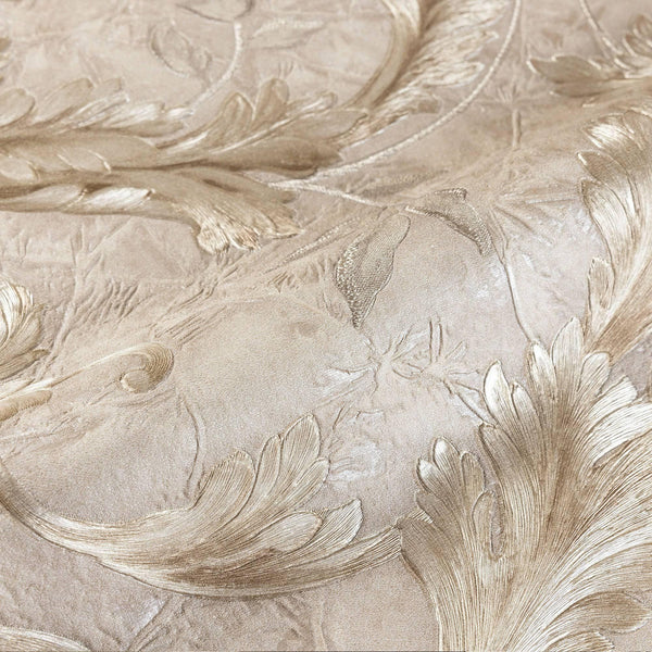 Textured Flowered Beige Gold Embossed Wallpaper, Home Wall Decor, Aesthetic Wallpaper, Textured Wallcovering Non-Adhesive- 41.7”W X 393”H - Walloro High End Wallcoverings & More