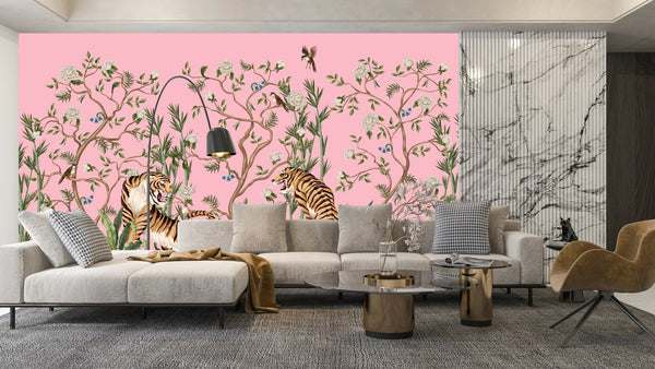 Tigers and Trees Wallpaper, Pink Background Mural, Oversized Custom Size Wall Art, Non - Woven, Non - Adhesive, Modern Wall Paper, Removable - Adawall Wallpaper - Registered Trade Accounts Only, Wallpaper Wholesale Account - W77687 - Adawall Wholesale - Wallpaper Wholesaler