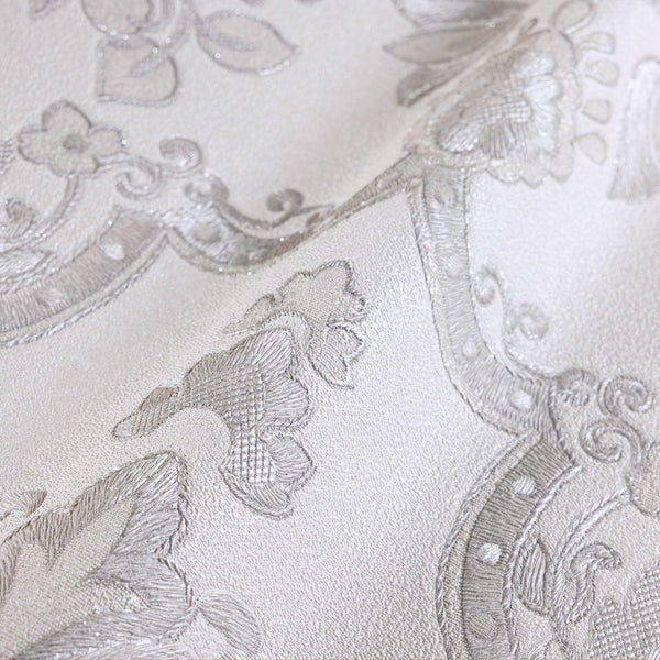 Timeless Ornate Embossed Wallpaper, Light Gray, Fabric Like, Rich 3D Textured Flocked Luxury Wallcovering Design, Non-Woven - Walloro High End Wallcoverings & More