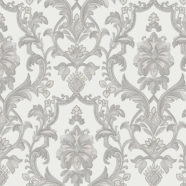 Timeless Ornate Embossed Wallpaper, Light Gray, Fabric Like, Rich 3D Textured Flocked Luxury Wallcovering Design, Non-Woven - Walloro High End Wallcoverings & More