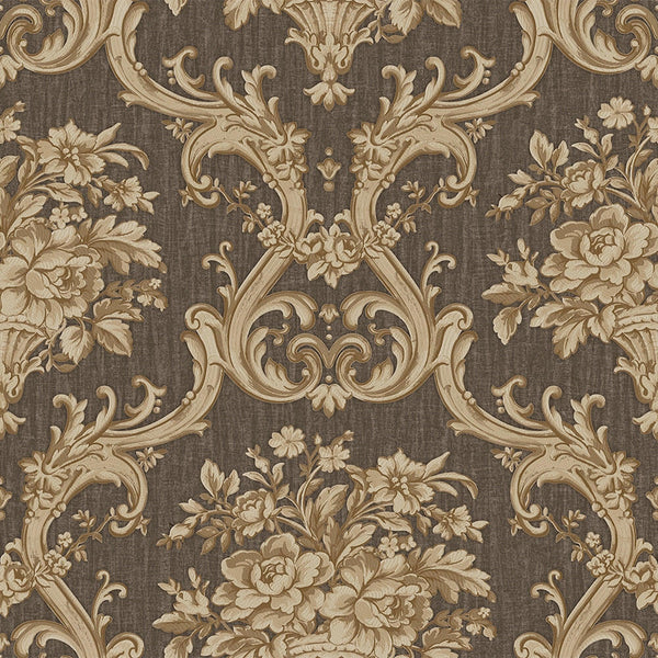 Timeless Velvet Feel Damask Embossed Wallpaper, Brown, Gold 3D Textured, Flocked, Washable, Luxury Wall Decoration - Walloro High End Wallcoverings & More