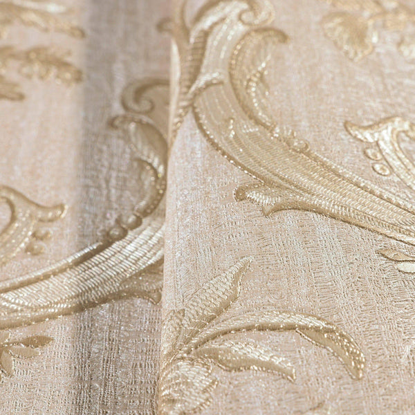 Timeless Velvet Feel Damask Embossed Wallpaper, Cream, Light Gold 3D Textured, Flocked, Washable, Luxury Wall Decoration - Walloro High End Wallcoverings & More