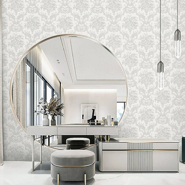 Timeless Velvet Feel Damask Embossed Wallpaper, White, Silver 3D Textured, Flocked, Washable, Luxury Wall Decoration - Walloro High End Wallcoverings & More