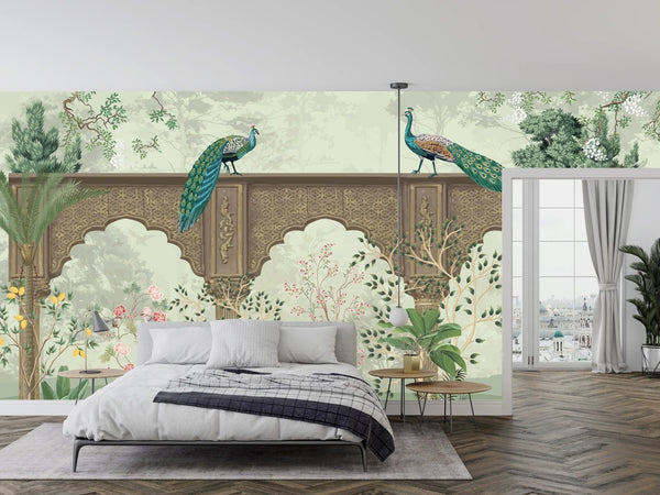 Traditional Mughal Garden Wallpaper, Peacock, Brown Arch Mural, Oversized Custom Size Wall Art, Non - Woven, Non - Adhesive, Modern Wall Paper, Removable - Adawall Wallpaper - Registered Trade Accounts Only, Wallpaper Wholesale Account - W77719 - Adawall Wholesale - Wallpaper Wholesaler
