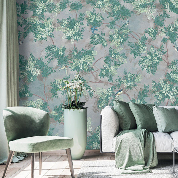 Tree Leaves Wall Mural, Birds Chinoiserie Wallpaper, Green Oversized Botanical Custom Size Wall Paper, Non - Woven, Modern Wall Art, Non - Pasted, Removable - Adawall Wallpaper - Registered Trade Accounts Only, Wallpaper Wholesale Account - SE300-1 - Adawall Wholesale - Wallpaper Wholesaler