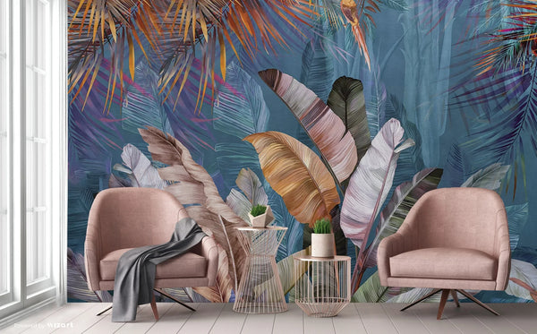 Tree Leaves Wall Mural, Blue Extra Large Wallpaper, Custom Size Wall Covering, Non-Woven, Non-Adhesive, Removable, Washable, Modern Stylish - Walloro High End Wallcoverings & More