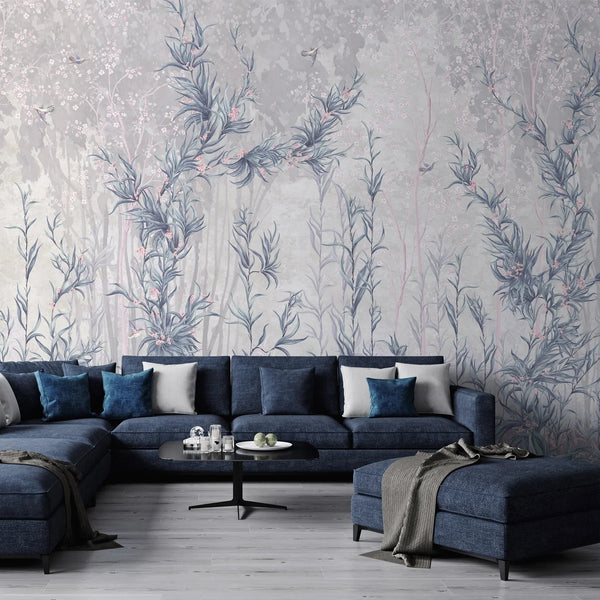 Tree Wall Mural, Blue Flowers Blossom Wallpaper, Extra Large Oversized Stylish Custom Size Wall Covering, Non - Woven, Non - Adhesive, Modern - Adawall Wallpaper - Registered Trade Accounts Only, Wallpaper Wholesale Account - SE317-2 - Adawall Wholesale - Wallpaper Wholesaler