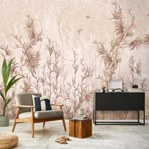 Tree Wall Mural, Vintage Beige Flowers Blossom Wallpaper, Extra Large Oversized Stylish Custom Size Wall Covering, Non-Woven, Non-Adhesive, Modern - Walloro High End Wallcoverings & More