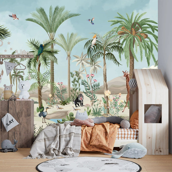 Tropic Animals Wallpaper, Palms and Plants Mural, Oversized Custom Size Wall Art, Non - Woven, Non - Adhesive, Modern Wall Paper, Removable - Adawall Wallpaper - Registered Trade Accounts Only, Wallpaper Wholesale Account - W77898 - Adawall Wholesale - Wallpaper Wholesaler