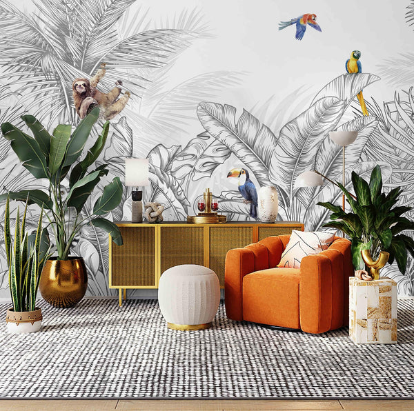 Tropical Animals Wallpaper, Black and White Drawing Wall Mural, Custom Size Wall Covering, Non - Woven, Non - Pasted, Removable, Art - Adawall Wallpaper - Registered Trade Accounts Only, Wallpaper Wholesale Account - FJ307-1 - Adawall Wholesale - Wallpaper Wholesaler