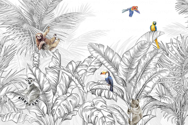 Tropical Animals Wallpaper, Black and White Drawing Wall Mural, Custom Size Wall Covering, Non - Woven, Non - Pasted, Removable, Art - Adawall Wallpaper - Registered Trade Accounts Only, Wallpaper Wholesale Account - FJ307-1 - Adawall Wholesale - Wallpaper Wholesaler