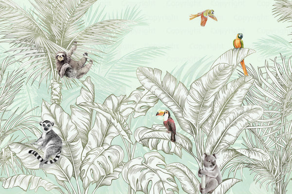 Tropical Animals Wallpaper, Green Drawing Wall Mural, Custom Size Wall Covering, Non-Woven, Non-Pasted, Removable, Art - Walloro High End Wallcoverings & More