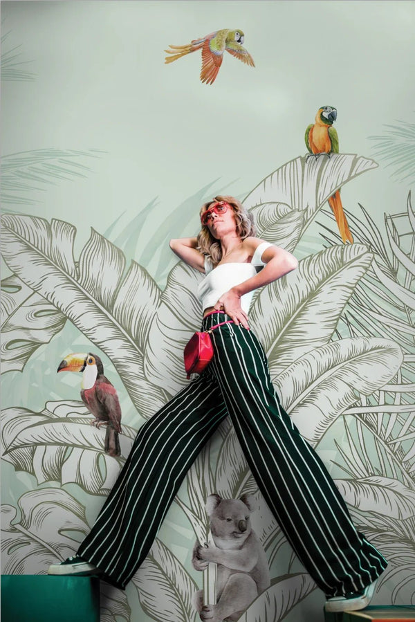 Tropical Animals Wallpaper, Green Drawing Wall Mural, Custom Size Wall Covering, Non - Woven, Non - Pasted, Removable, Art - Adawall Wallpaper - Registered Trade Accounts Only, Wallpaper Wholesale Account - FJ307-3 - Adawall Wholesale - Wallpaper Wholesaler