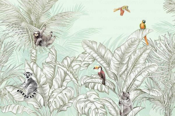 Tropical Animals Wallpaper, Green Drawing Wall Mural, Custom Size Wall Covering, Non - Woven, Non - Pasted, Removable, Art - Adawall Wallpaper - Registered Trade Accounts Only, Wallpaper Wholesale Account - FJ307-3 - Adawall Wholesale - Wallpaper Wholesaler