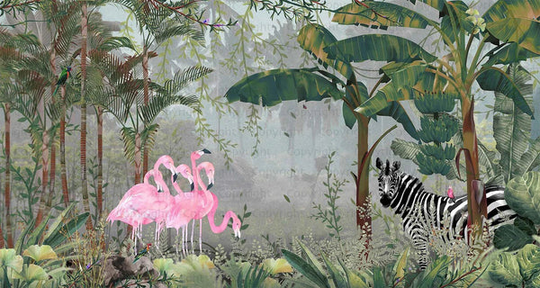 Tropical Forest Wall Mural, Flamingos, Zebra, Animals Wallpaper, Custom Size, Dark Green Oversized Print, Wall Art, Nature Theme, Jungle, Removable - Adawall Wallpaper - Registered Trade Accounts Only, Wallpaper Wholesale Account - A313-3 - Adawall Wholesale - Wallpaper Wholesaler